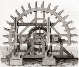 En pulvermølle og dens vannhjul, etter en tegning fra 1800-tallet, fra Les Merveilles de la Science, publisert ca. 1870 (gravering) av French School