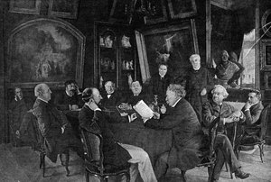 En lesning på komedie-francaise (Comedie francaise): alexandre Dumas son leser en av komediene sine for komiteen. av French School