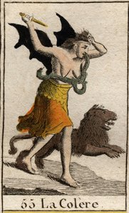 En representasjon av sinne kledd i skår, hun holder en dolk og river håret av seg. (Representasjon av Angry, kledd med filler, hun holder en kniv og river av seg håret). Fra "Mythology of Youth" av Pierre Blanchard 1803. av French School