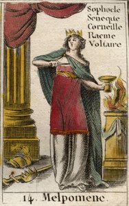 En representasjon av melpomene, muse av tragedien, hun bærer en krone, et septer og en dolk, samt en kopp gift (Representation of Melpomene, Muse of Tragedy, med en krone, en tragisk maske, en kniv og en kopp av gift Fra "Mythology of Youth" av av French School