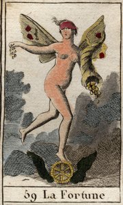 En representasjon av tilfeldighetens gudinne Fortune (Fortuna), hun bestemmer det gode og onde til mennesker, holder et horn av overflod og står på et hjul. (Representasjon av Fortuna, lykkens gudinne, hun bestemmer hva som skal skje med mennesker, hun ho av French School