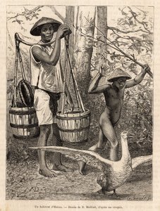 En innbygger i Hatien (Vietnam) som bærer bøtter og kurv og et barn som jakter på en gås med en pinne, graverer etter en tegning av Robin som illustrerer reisen til Cochinchine, av doktor Morice, i 1872, publisert i "" Le tour du monde"" ” 1875, redigert a av French School