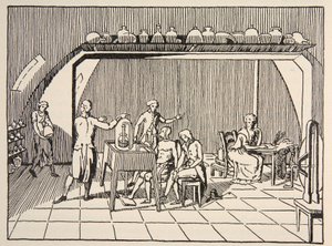 Et respirasjonseksperiment i laboratoriet til Lavoisier, kopi av Boris Mestchersky (d.1957) illustrasjon fra Histoire de la Nation Francaise, Sciences, Volumes I & II, av Gabriel Hanotaux (1853-1944) av French School