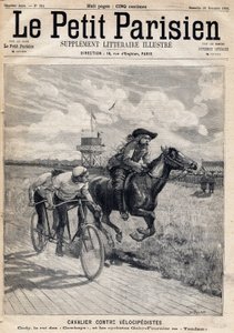 A rider raced against velocipedists: William Frederic Cody (1846-1917), known as Buffalo Bill, known as King of the Cowboys and cyclists Gaby and Fournier in Tandem. One of the newspaper " Le petit Parisien”” on 11/26/1893 (engraving) av French School