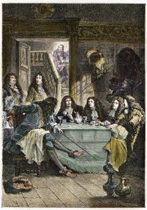 En salong (kabaret) som samler de franske forfatterne Jean de La Fontaine (1621-1695), Nicolas Boileau-Despreaux (Boileau Despreaux) (1636-1711), dramatikeren Jean Baptiste Poquelin dit Moliere (1622-1673) og poeten Jean Racine ( 1639-1699) - Fontenen, Boi av French School