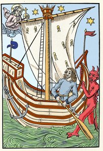 Et skip blant havets farer. En demon grep tak i baugen mens Gud manifesterte seg til venstre. Gravering fra «Gjeternes store kalender og kompost», Troyes 1491 av French School