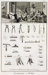 En sko- og støvelmaker og deres verktøy, fra Encyclopedie des Sciences et Metiers av Denis Diderot (1713-84) utgitt ca. 1770 av French School