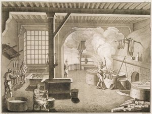 Et verksted for silkefarger, fra Encyclopedie des Sciences et Metiers av Denis Diderot (1713-84) utgitt ca. 1770 av French School