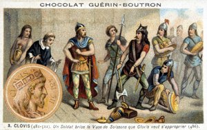 En soldat knuser Soissons-vasen som Clovis vil eie, 486 av French School