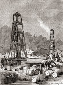 En petroleumskilde ved Oil Creek ved Allegheny River, Pennsylvania, USA i 1858, oppdaget av Edwin Laurentine Drake, alias oberst Drake, fra 