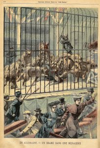 En temmer blir slukt av løvene sine i et menasjeri i Dessau, Tyskland. Gravering i "" Le Petite Parisien"", den 27/12/1903. av French School