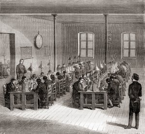 En telegrafstasjon i Paris, Frankrike ca. 1870, fra Les Merveilles de la Science, publisert ca. 1870 (engaving) av French School