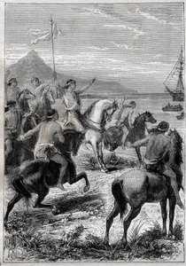 A troop of men on horseback wore a white flag: Vice-Admiral John Byron (1723-1786) received by the natives of Cape des Virgins, at the eastern mouth of Magellan