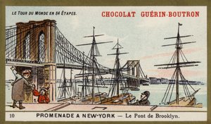En spasertur i New York - Brooklyn Bridge (chromolitho) av French School