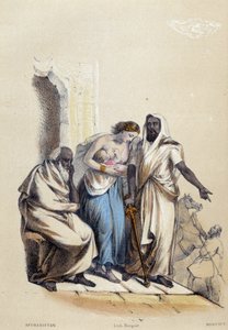 En hvit kvinne som ammer babyen sin, ble straffet i Afghanistan; illustrasjon for Aghanistan, -i "De tolv nasjoner" av ME Fouinet av French School