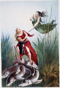 En kvinne angriper en annen kvinne og en gutt ledet av delfiner - i "" Reise til bunnen av havet"" av H. de la Blanchère. Paris, red. Jouvet et Cie, sd. 1880. (dobbel 02947 og 02952) av French School