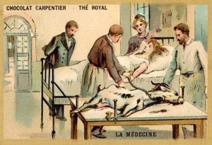 En kvinne som mottar en blodoverføring fra en geit (chromolitho) av French School