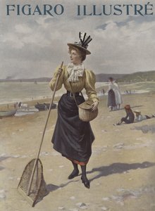En kvinne som går langs en strand med fiskeutstyr