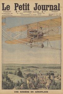 En ung kvinne tar en flytur i et fly i Montferrand, Frankrike (farge litho) av French School
