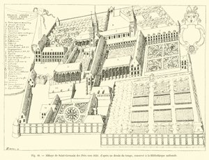 Abbey of Saint-Germain des Pres rundt 1630, fra en tegning fra tiden, oppbevart på Nasjonalbiblioteket av French School