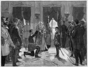 Abdikasjon av kong Milan 1. av Serbia (1854-1901), 7. mars 1889: den tidligere kongen avlegger en ed om lydighet og troskap til sin sønn, Alexander 1. av Serbia (1876-1903), som han nettopp har abdisert for. Gravering i "" Le Monde Illustré"" nr. 1666 av 2 av French School