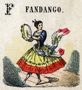 Abecedary. Bokstaven F som Fandango. Lite encyklopedisk alfabet, populær serie. Epinal avbildning, slutten av 1800-tallet av French School