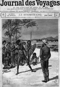 Aborigines of Australia bruker en boomerang, sent på 1800-tallet. Gravering i "" Journal des Voyages"" av 30. april av French School