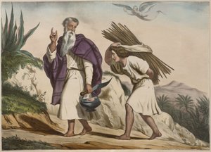 Abraham tok Isak til Mount Moriah, illustrasjon fra en katekisme LHistoire Sainte, utgitt av Charles Delagrave, Paris av French School
