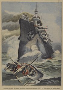 Utilsiktet senking av en fiskebåt av den franske panserkrysseren Admiral Aube under fartsforsøk (farge litho) av French School