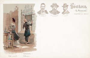 Første akt, La Boheme (farge litho) av French School