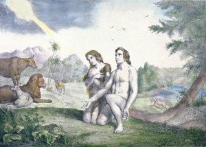 Adam og Eva i Edens hage, sent på 1800-tallet (fargegravering) av French School