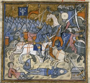 Legge til. 15269, f.124v Crusaders som kjemper mot Saracens, illustrasjon fra 