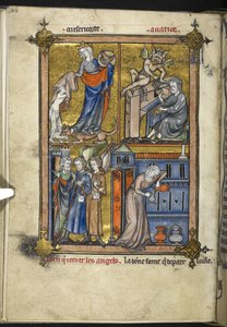 Legge til. 54180, f. 136v, Miniatyr med engler i pilegrimskjole, fra 