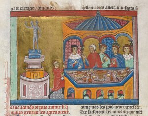 Legge til. MS 15268, fol. 242v Janus-tempel med senatorer som spiser i forgrunnen, fra 