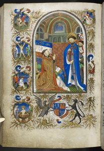 Legg til Ms 18850 f.256v, Duke of Bedford before St George, fra Book of Hours (The Bedford Hours) c.1410-30 (blekk, farge og gull på vellum) av French School
