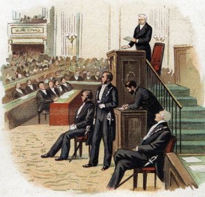 Adolphe Thiers (1797-1877), republikkens president ved talerstolen til nasjonalforsamlingen i 1872 - Chromolithography (Chromo) fra begynnelsen av det 20. århundre. av French School