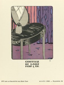 Reklame for «Sminkebord i svart og gulllakk», utgitt 1921 (sjablongtrykk) av French School