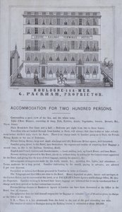 Annonse for Louvre Railway Terminus Hotel, Boulogne-sur-Mer, Frankrike (litho) av French School