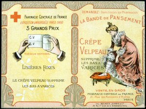 Reklamekort med "" Velpeau Crepe Dressing Band fjerner åreknuter"". Sd. 1800-tallet. av French School