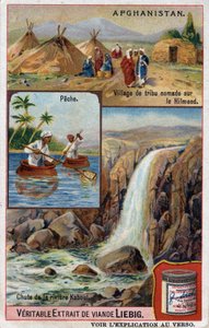 Advertising card showing a nomadic tribe village on the Hilmend, fishermen and the fall of the Kabul River in Afghanistan. Chromolithography of the 19th century. av French School