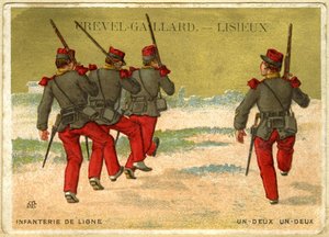 Annonsekromolitografi av Grevel-Gaillard, Lisieux, online infanteri, en to, en to (kromolitografi) av French School