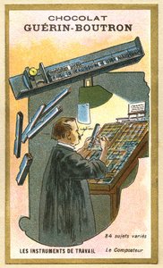Reklamekromolitografi av sjokolade Guerin Boutron, arbeidsinstrumenter, 84 varierte emner, komposteren