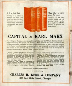 Annonsering for salg av Karl Marx sin bok «Le Capital» i et amerikansk magasin av French School