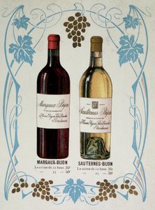 Reklame for salg av vin Margaux-Bijon (Margaux Bijon) og Sauternes-Bijon (Sauternes Bijon), 25 frs av de 12 flaskene, 50 frs på 25 av French School