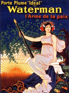 Reklameplakat for "Ideell Waterman Fountain Holder, the Weapon of Peace"" (en kvinne som holder fredsavtalen og en Waterman Feather"). Litografi 1919. av French School