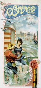 Reklame for å komme til Oostende (Belgia) fra Paris: Oostende: 5 timer fra Paris, ca. 1900 (kromolitografi) av French School