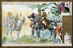 Etter Plasseys seier over Surajah Dowlah (Suraj Ud-daula eller Ud Daula Ud Daulah eller Ud-Daulah), ga mesteren av Bengal England Empire of India i 1757. 1800-tallets liebig kromolitografi. av French School