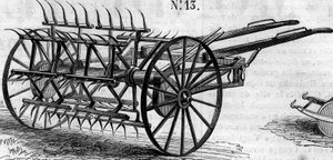 Landbruksmaskin: en engelsk dobbeltvirkende høyvender presentert ved landbrukskonkurransen i Paris i 1860. Gravering i “” Le Monde Illustré”” nr. 172 av 28. juli 1860. av French School