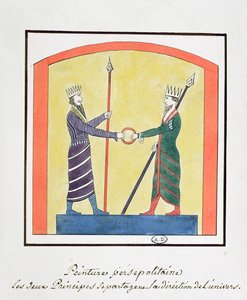 Ahura Mazda og Angra Mainyu bestrider verden, kopi av en frise fra Persepolis av French School