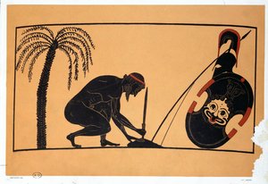 Ajax forbereder seg på å begå selvmord, illustrasjon av en antikk gresk vase (farge litho) av French School